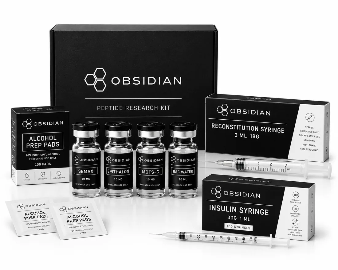 Obsidian Peptide Co. research kit — vials, bacteriostatic water and supplies